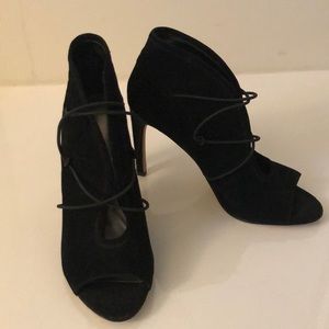Black suede BCBG 3” heels ankle bootie, size 7